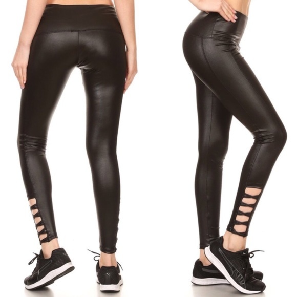 Pants - Black Faux Leather Criss Cross Leggings Shiny 
